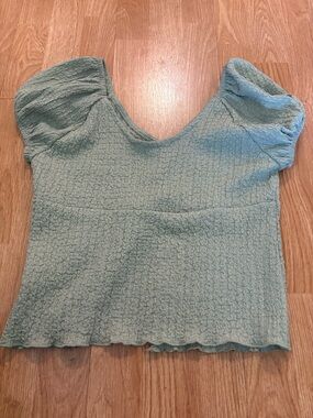 Light Sage Puff-Sleeve Textured Crop Top